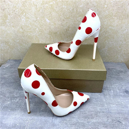 Red Polka Dot White Patent Pointy Toe High Heels For Women