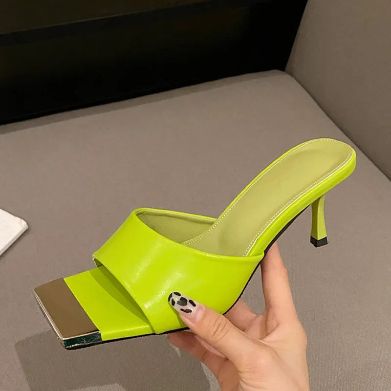 Green Leather High Heel Slippers For Women