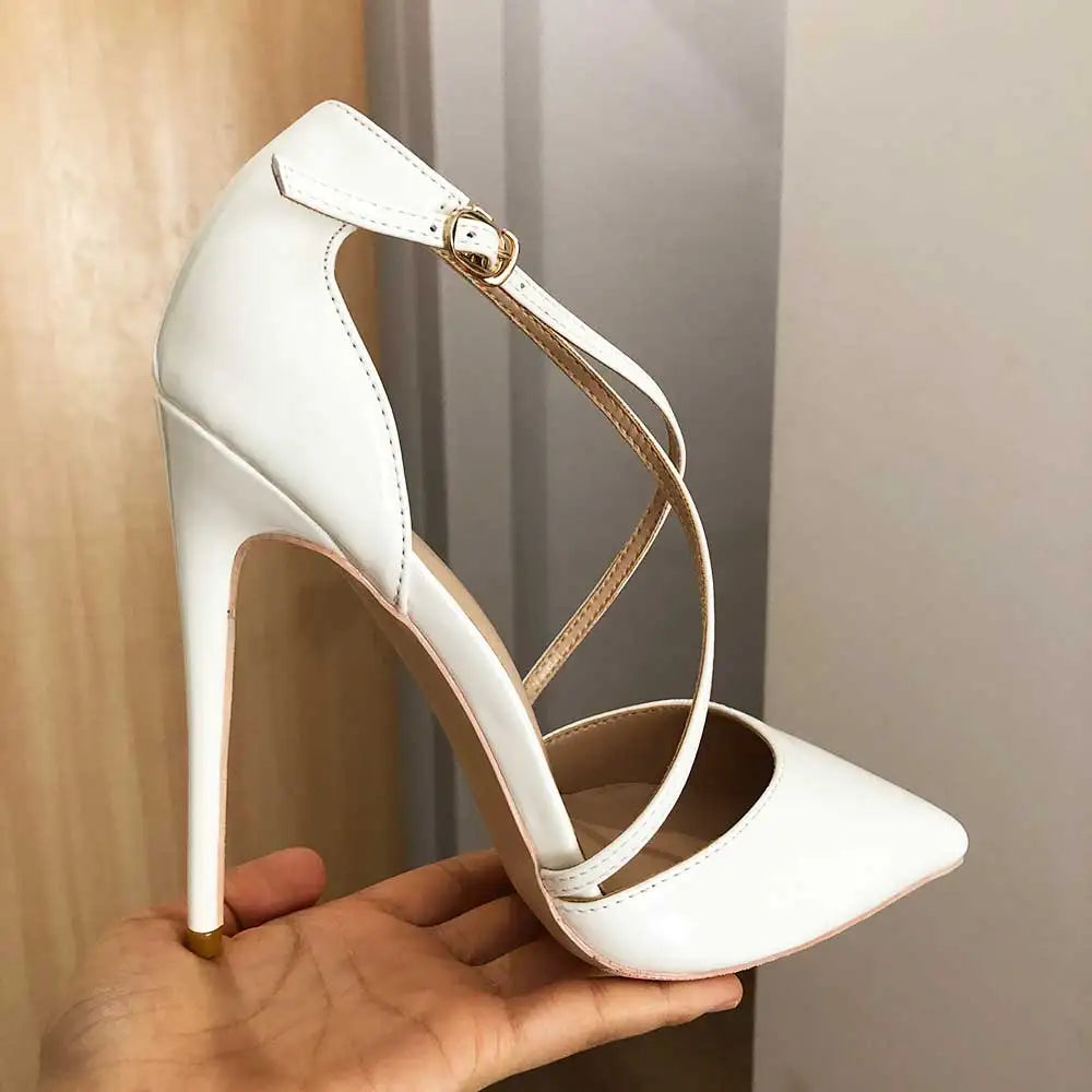 White Glossy Patent Cross Strap Stiletto Pumps For Women