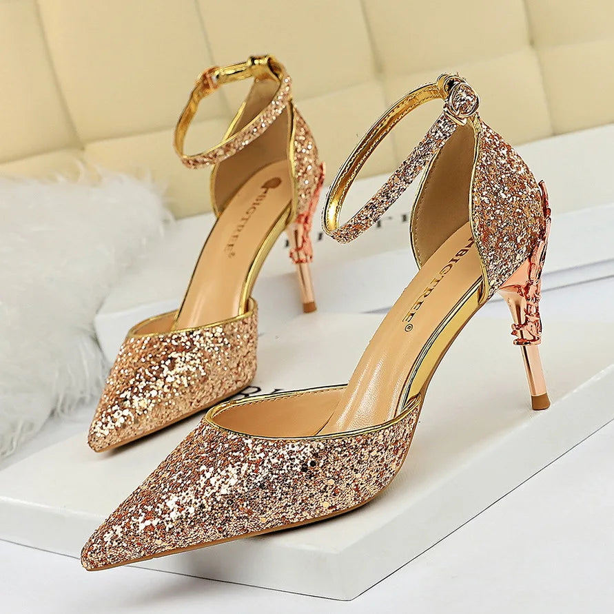 Sequined High Heel Stiletto Pumps In Gold And Silver