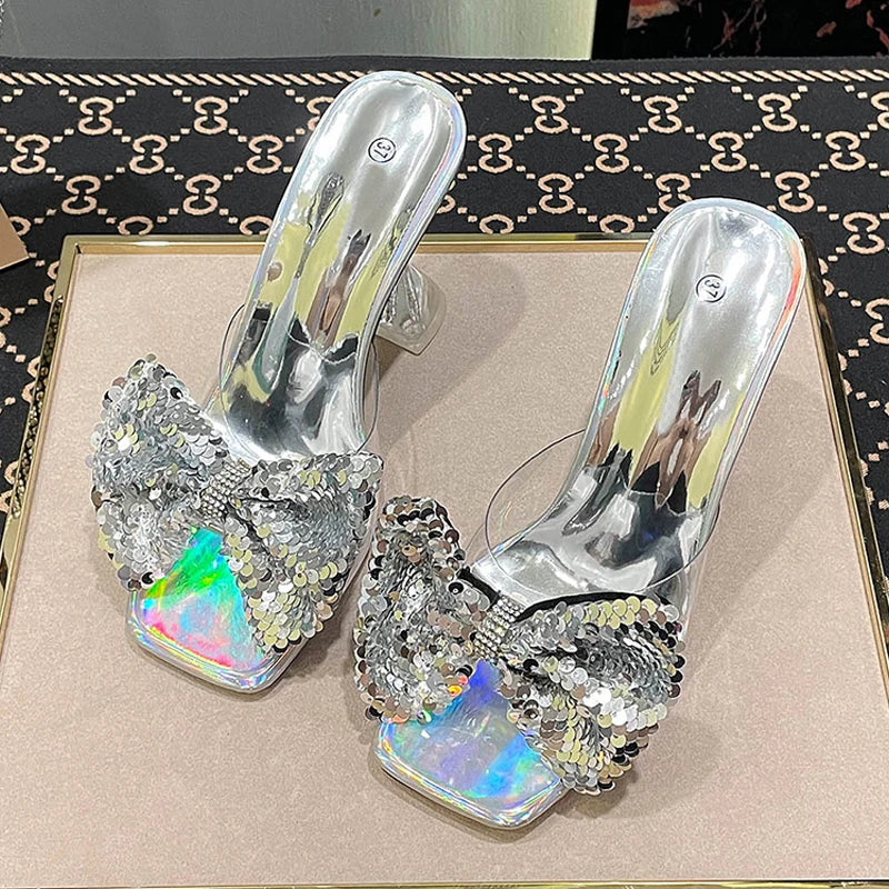 Clear Pvc Crystal Heeled Women Slippers