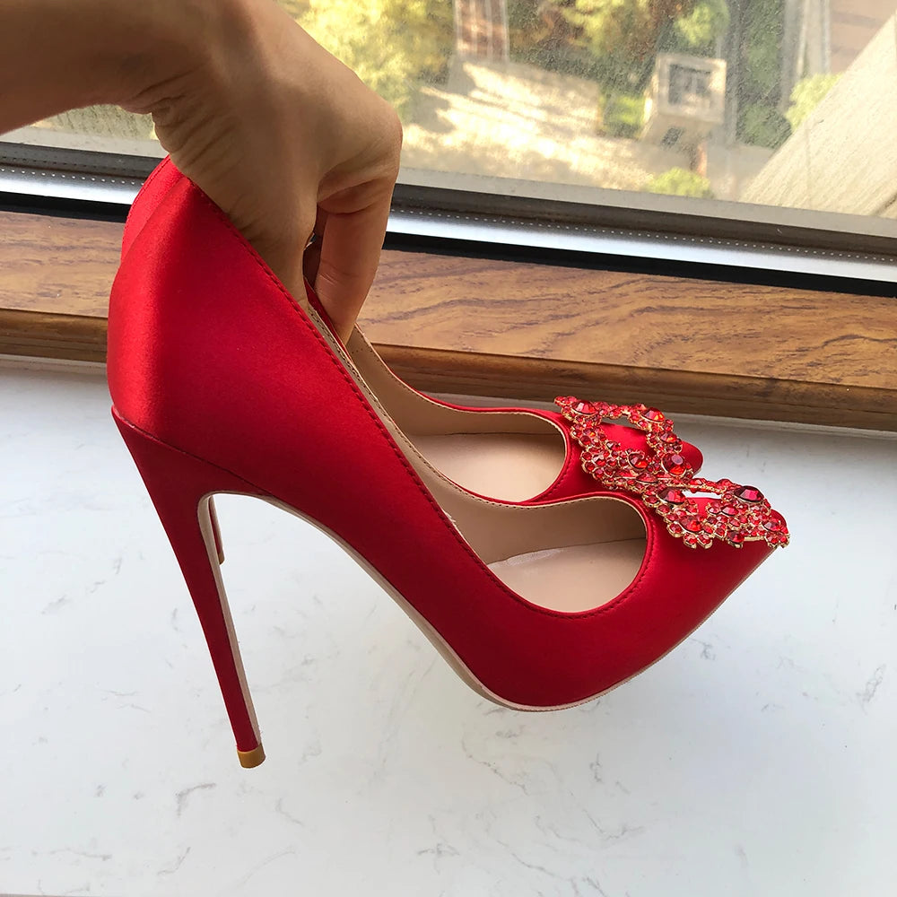 Red Silk Satin Pointy Toe High Heel With Square Rhinestones For Women