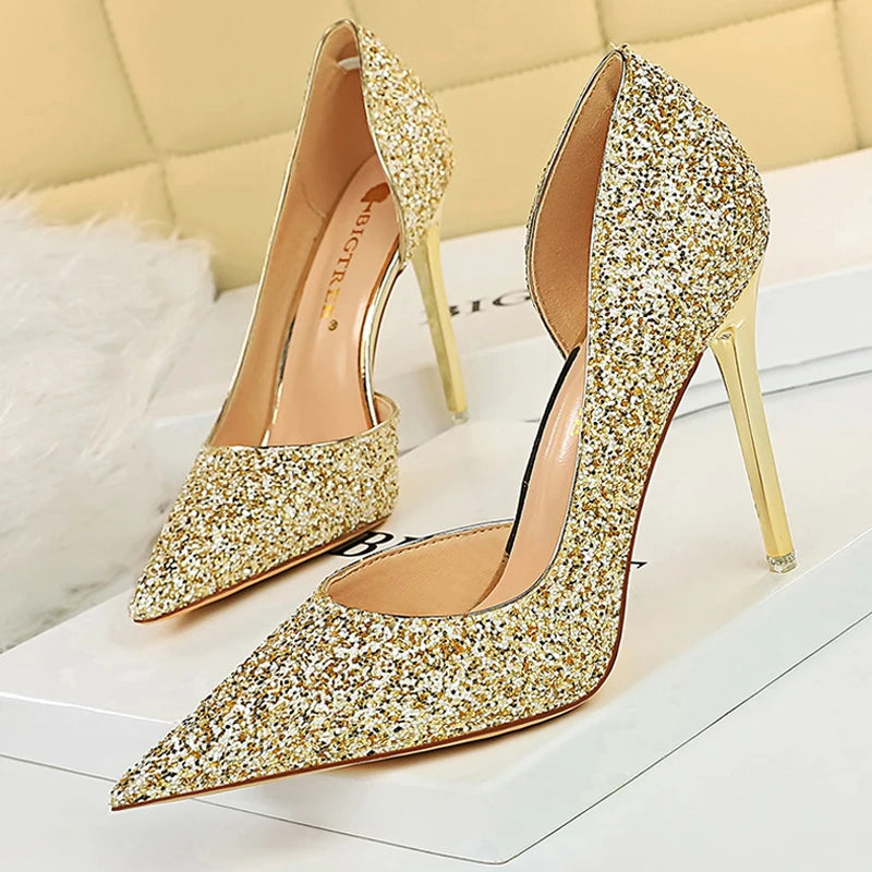 Sequin Cloth Gold Silver Woman Pumps For Wedding With Sexy High Heels