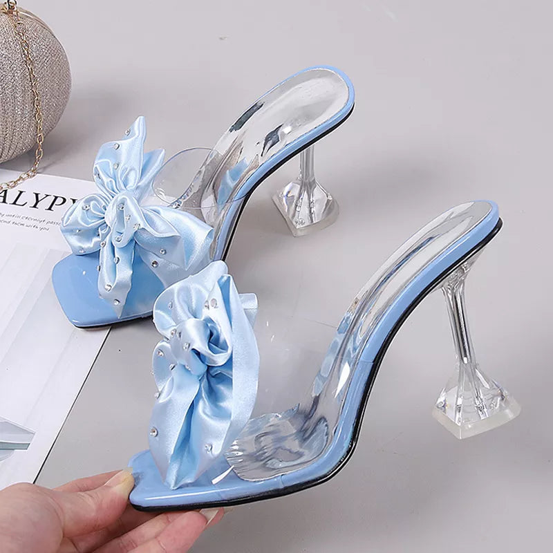 Crystal Bow High Heels Slippers Shoes For Women