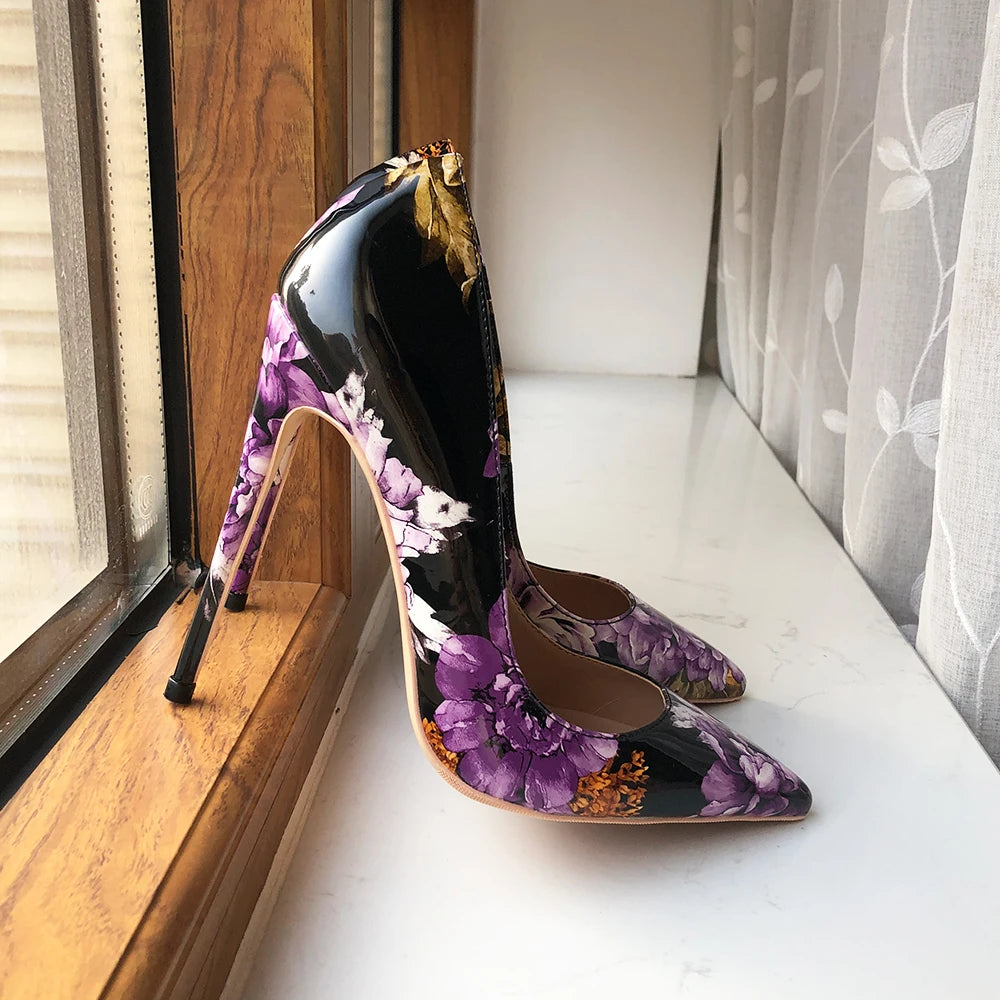 Purple Flower Print Women Patent Pointy Toe High Heel Shoes
