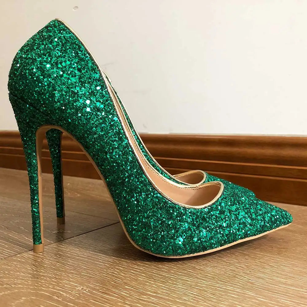 Green Glitter Pointed Toe Stilletto Pumps For Women - Sparkly Party High Heels