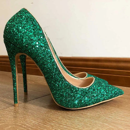 Green Glitter Pointed Toe Stilletto Pumps For Women - Sparkly Party High Heels