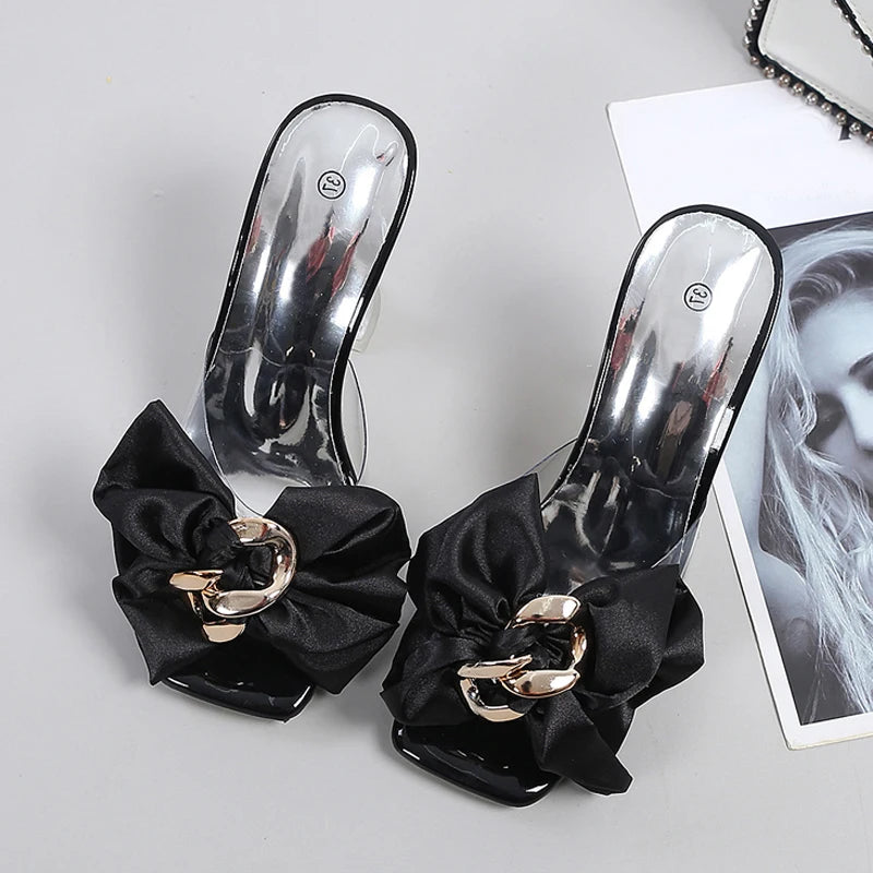 Pink Butterfly-Knot Designer Sandals With Clear Heels