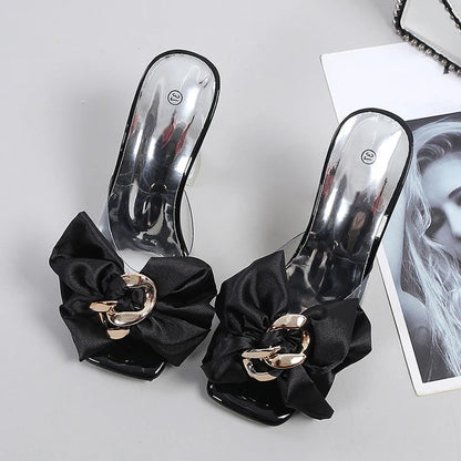 Pink Butterfly-Knot Designer Sandals With Clear Heels