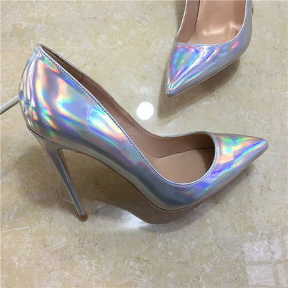 Shiny Silver Patent Women Pointy Toe High Heel Party Shoes