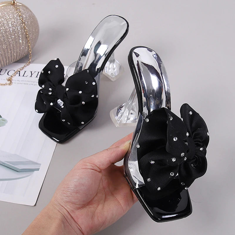 Crystal Bow High Heels Slippers Shoes For Women