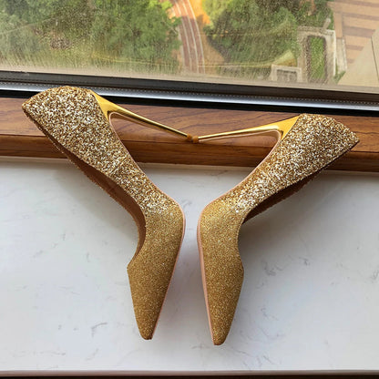 Gold Sequined Pointy Toe High Heel Wedding Bridal Shoes