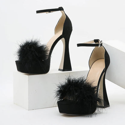 Pink Feather Fluffy High Heels Platform Sandals For Women