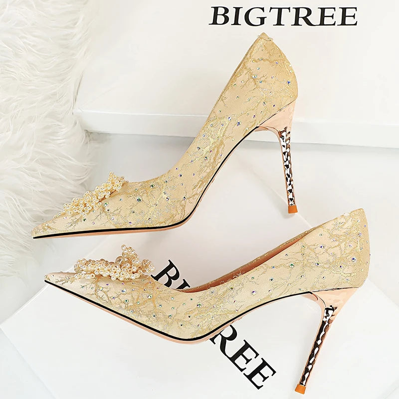 Pearl Flowers Rhinestone High Heels Luxurious Women Pumps
