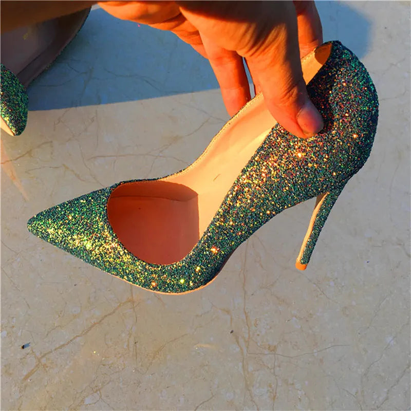 Shiny Green Sequins Pointy Toe High Heel Stiletto Pumps