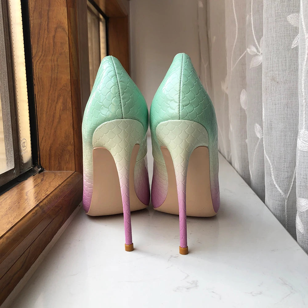 Mint Pink Crocodile Effect Pointy Toe High Heel Shoes For Women