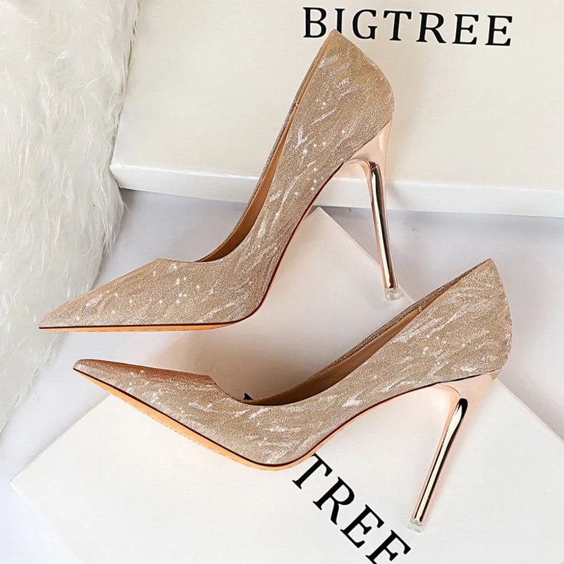 Silver Champagne Sequins Stiletto Wedding Shoes Women High Heels