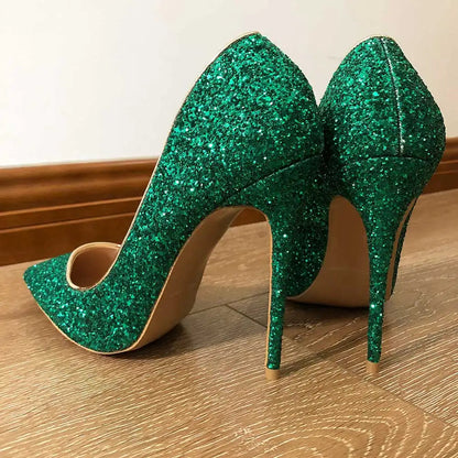 Green Glitter Pointed Toe Stilletto Pumps For Women - Sparkly Party High Heels