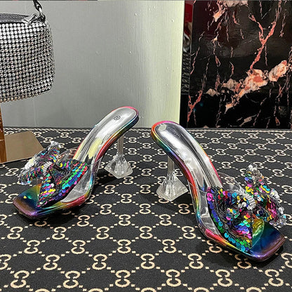 Clear Pvc Crystal Heeled Women Slippers