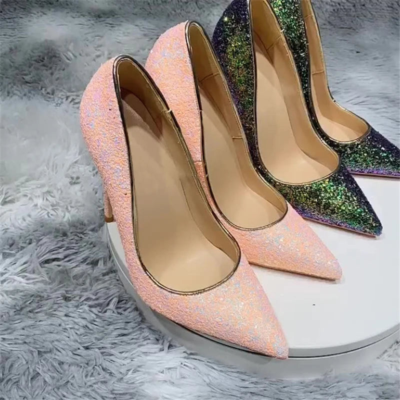 Pink Glitter Sequins Women Sexy Pumps For Wedding Party Slip On Pointed Toe Shoes