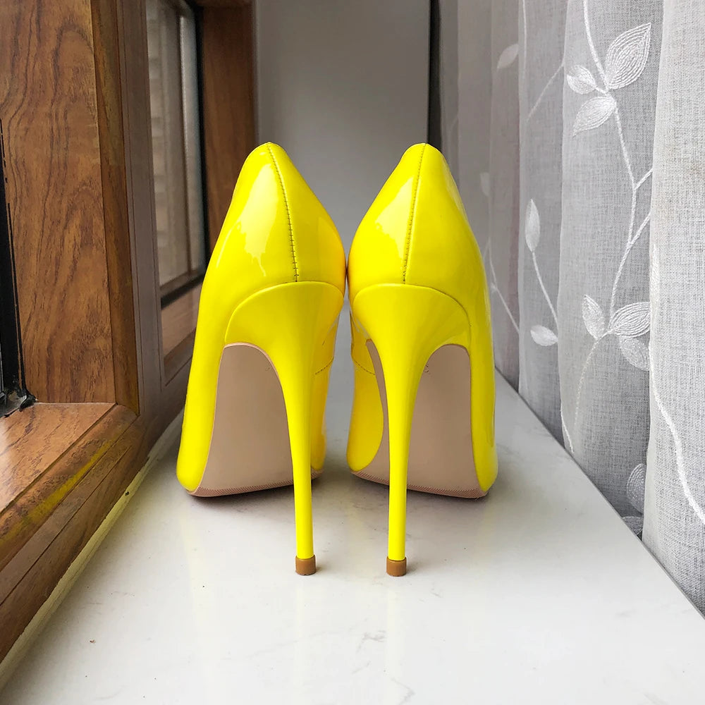 Glossy Yellow Pointy Toe High Heel Party Shoes For Women