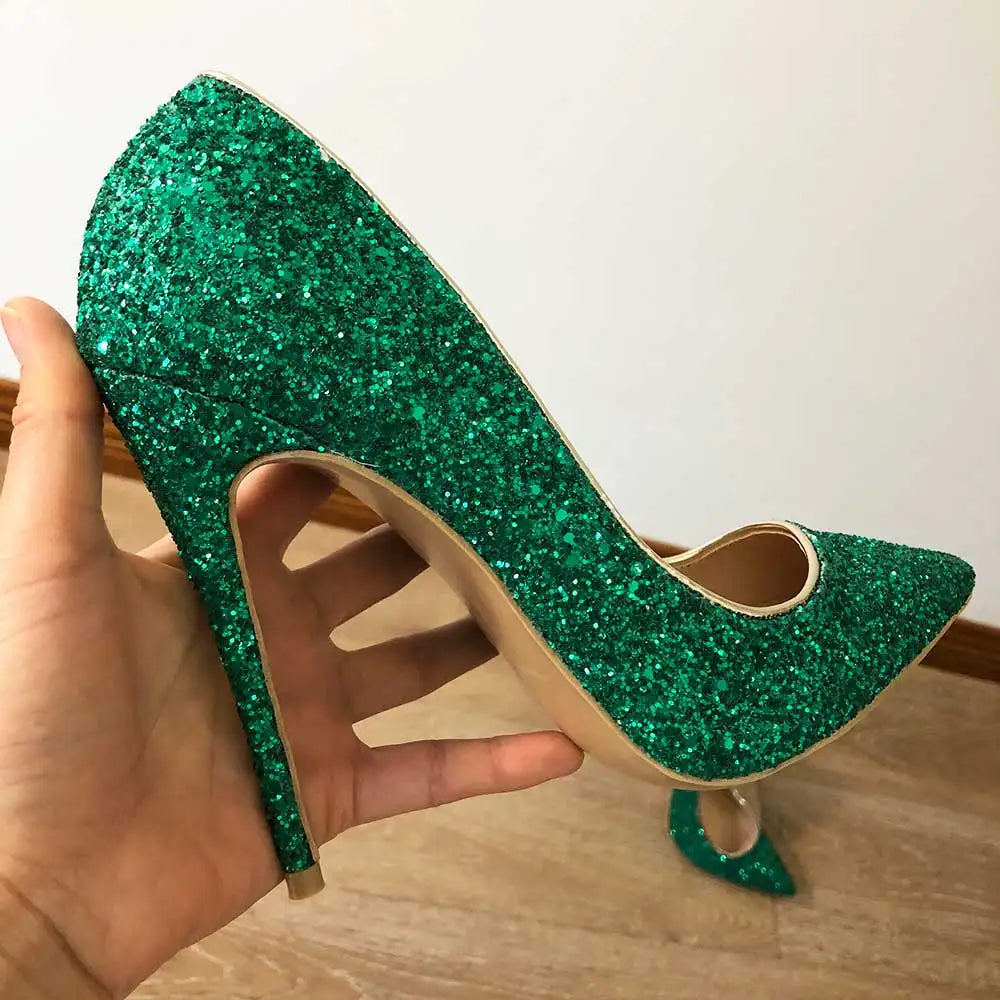 Green Glitter Pointed Toe Stilletto Pumps For Women - Sparkly Party High Heels