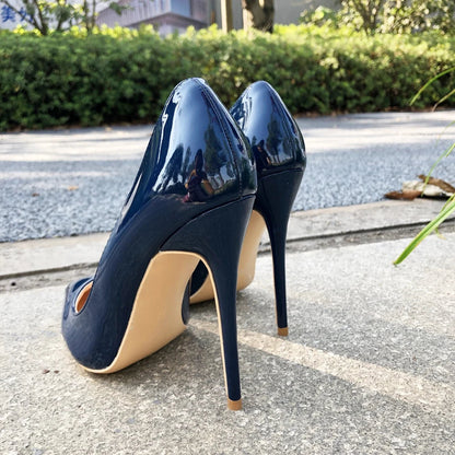 Navy Blue Patent Low Cut Pointy Toe Stiletto Pumps For Women