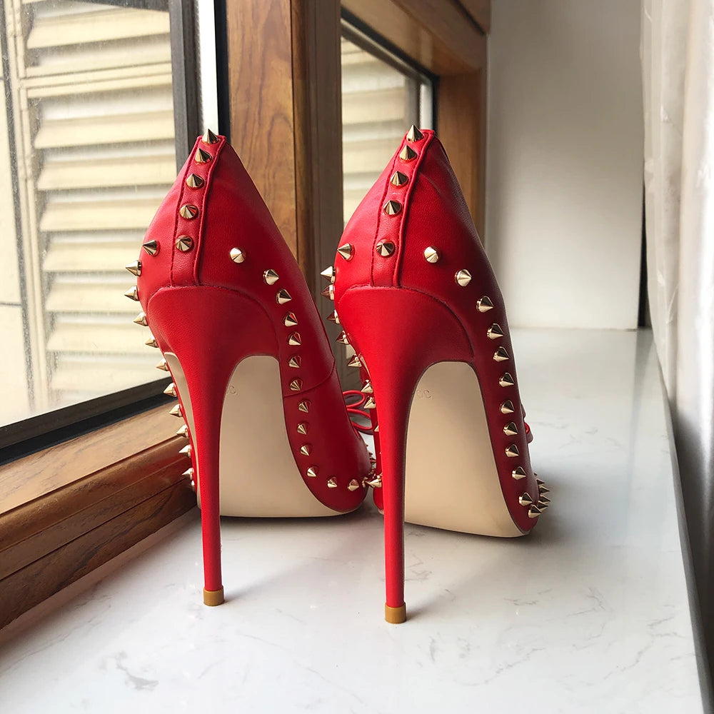 Red Matte Pointy Toe High Heel Shoes With Bow Spikes Rivets Stiletto Pumps For Women