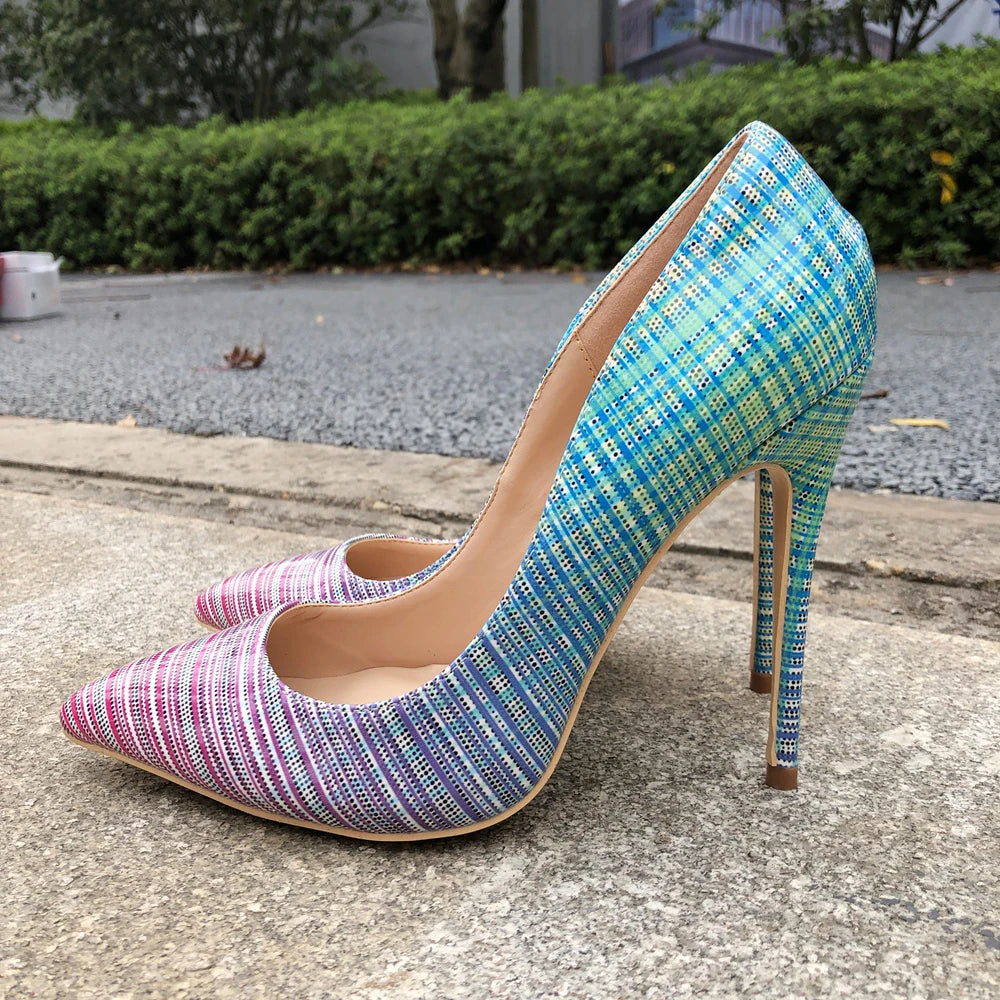 Gradient Color Plaid Print Patent Pointy Toe Stilettos for Women ...
