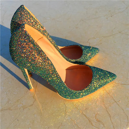 Shiny Green Sequins Pointy Toe High Heel Stiletto Pumps