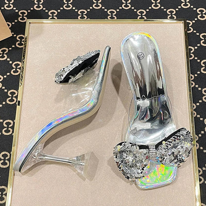 Clear Pvc Crystal Heeled Women Slippers