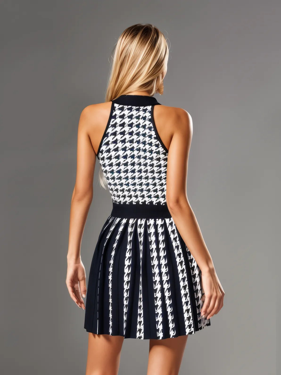 Julien Houndstooth Dress With Gold Buttons