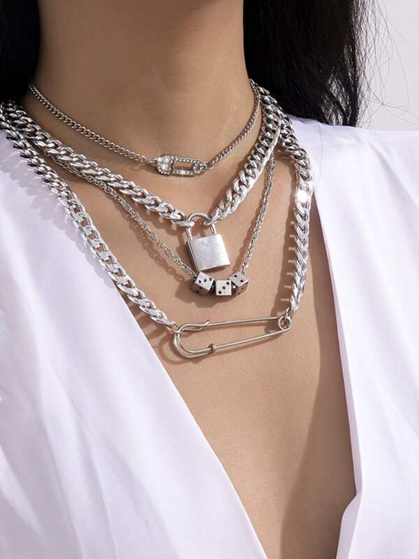 Lock And Key Safety Pin Necklace Set
