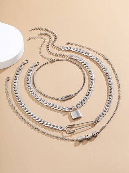 Lock And Key Safety Pin Necklace Set Gray