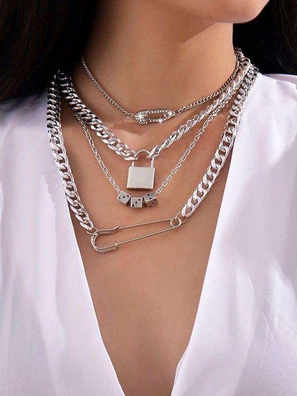 Lock And Key Safety Pin Necklace Set