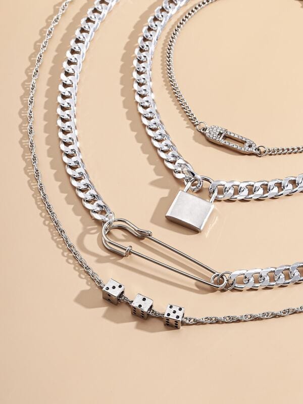Lock And Key Safety Pin Necklace Set