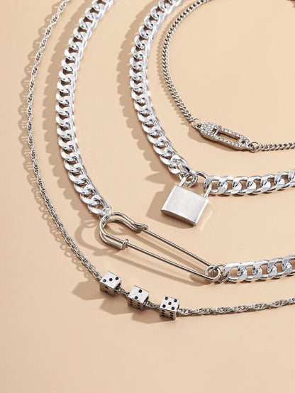 Lock And Key Safety Pin Necklace Set