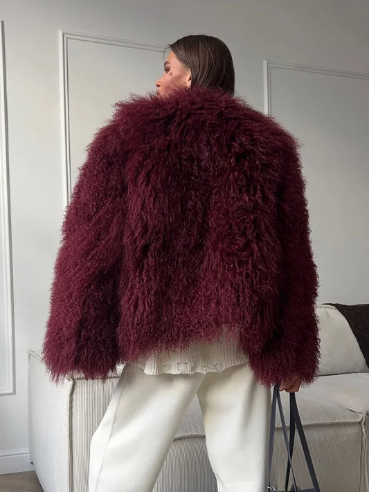 Burgundy Oversized Faux Fur Coat Coats-241208