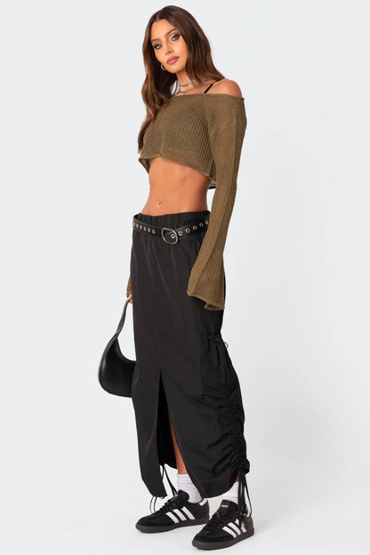 Sheer Cropped Off Shoulder Sweater