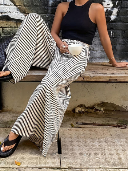 Vertical Stripe Elastic Waist Wide Leg Pants