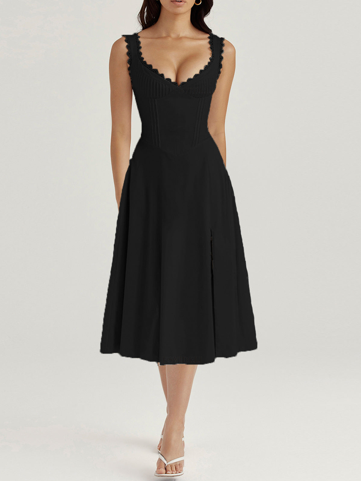 Lace-Trim Corset Midi Dress with Side Slit - Chiccharm