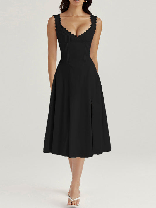 Lace-Trim Corset Midi Dress with Side Slit - Chiccharm