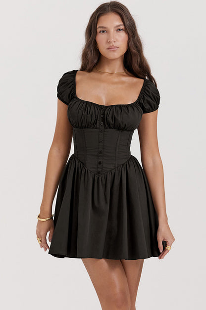 Maribel Puff Sleeve Square Neck Babydoll Mini Dress Black / L
