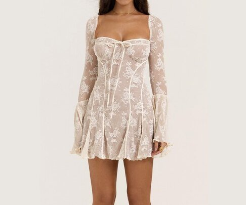 Arabella Lace Maxi Dress With Bell Sleeves Beige / L