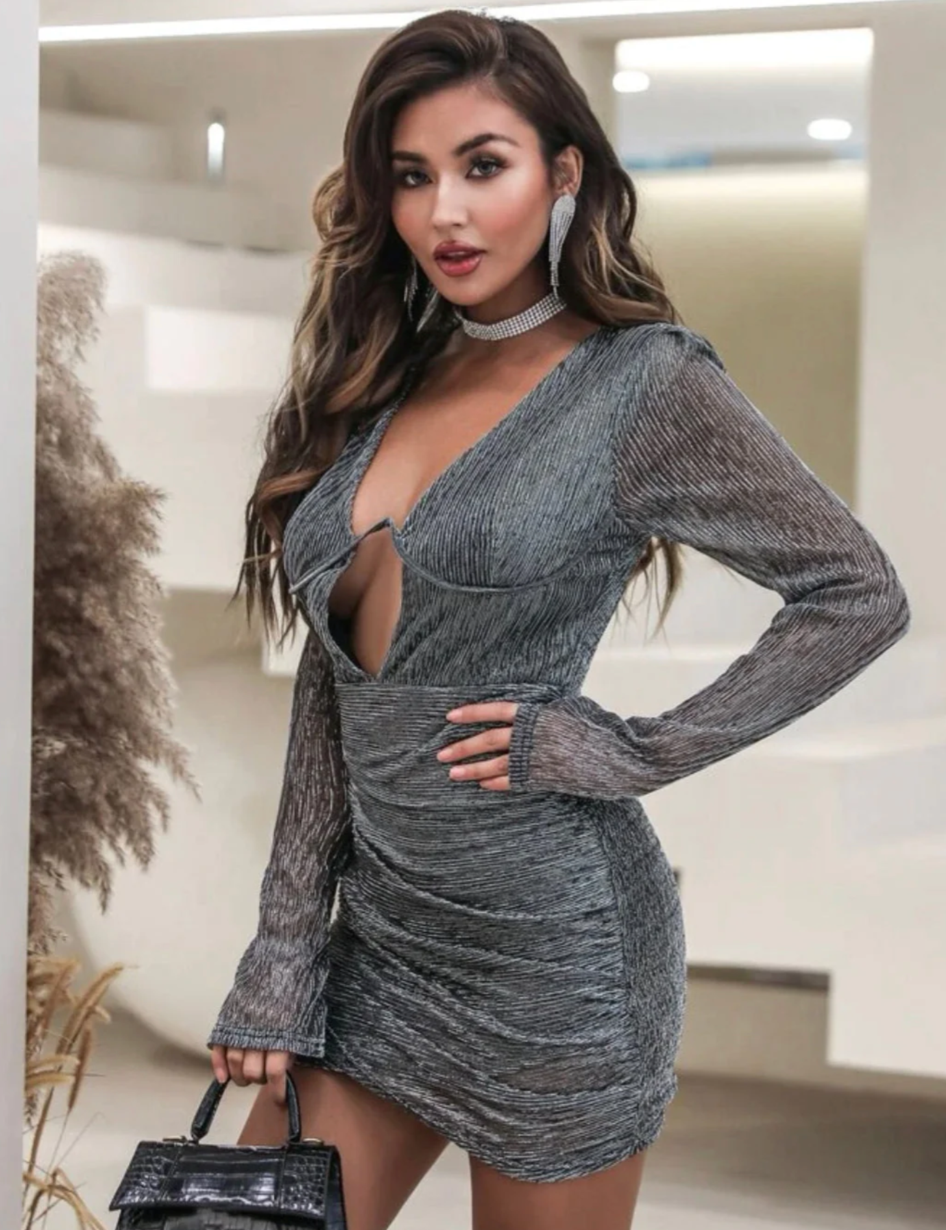 Phlia Sequin Long Sleeve Dress With Pleated Detail