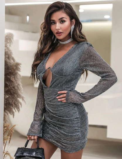 Phlia Sequin Long Sleeve Dress With Pleated Detail