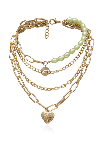 Layered Gothic Baroque Pearl Chunky Chain Necklace Green