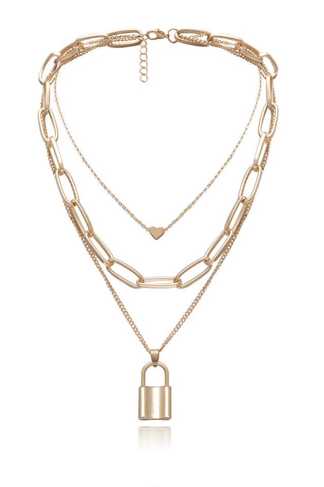 Lock Pendant Necklace With Link Chain Gold