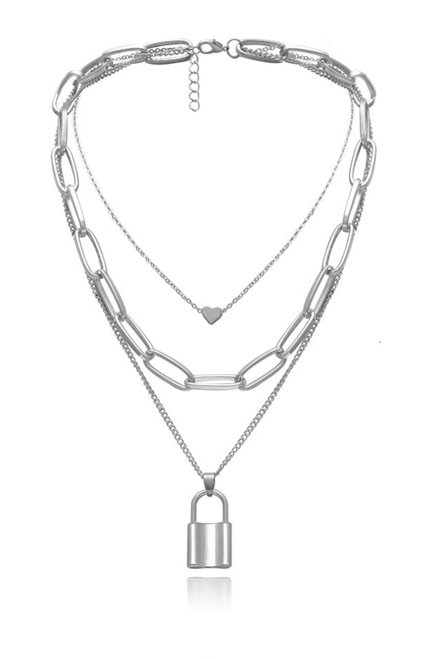 Lock Pendant Necklace With Link Chain Silver