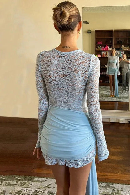 Pleated O-Neck Long Sleeve Mini Dress With See-Through Detail